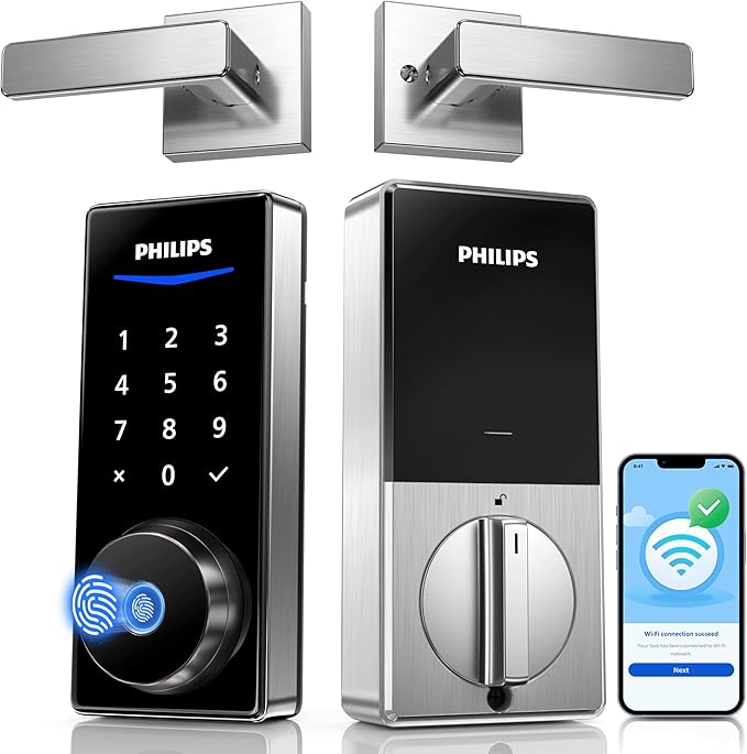 Philips Wi-Fi Smart Lock with Handles, Built-in WiFi Keyless Entry Front Door Lock Set, Keypad Deadbolt with Handle, App Fingerprint Code Unlock, Auto Locking, Remote Control & Voice Unlock, Nickel