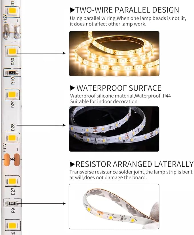 50ft Warm White Led Strip Lights, 12V Waterproof Flexible Led Light Strip, Cuttable Dimmable led Rope Tape Light Indoor for Bathroom, Fish Tank, Bedroom, Kitchen