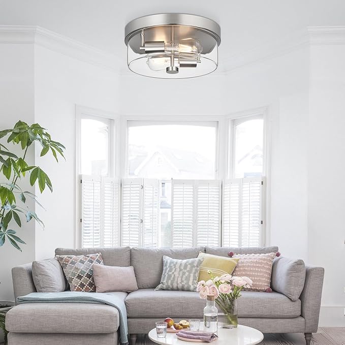 Flush Mount Ceiling Light Fixtures, 2-Light 12 Inch Brushed Nickel Close to Ceiling Light Fixtures with Clear Glass Shade Ceiling Light Fixture for Porch, Hallway, Bathroom, Dining Room and