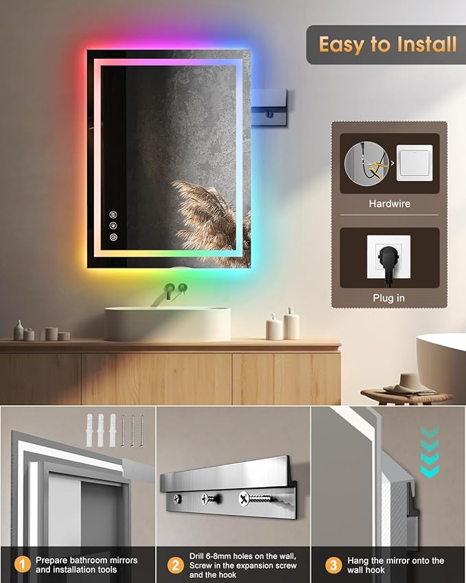 oneup 24x32'' RGB Bathroom Mirror with Lights,RGB Color Changing LED Bathroom Mirror for Wall,Lighted Vanity Mirrors,Dimmable,Anti-Fog,IP54 Waterproof