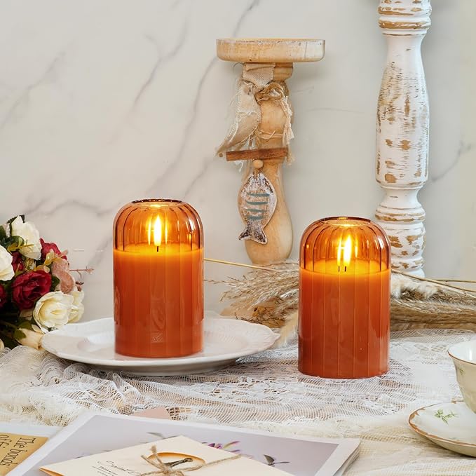 Homemory Glass Flameless Candles, Battery Operated Plliar Candles Realistic Flickering, LED Electric Light with Remote and Timer for Home, Christmas Decoration, Orange, Set of 2