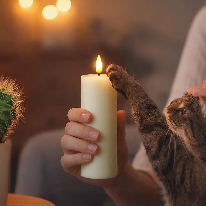Flameless Real Wax Pillar LED Candles with Remote Control, Battery Operated Cycle Timer Ivory Pack of 4 Flickering 3D-Wick Warm Light for Indoor Home Decor (2.2" x 4" 6" 8" 10")