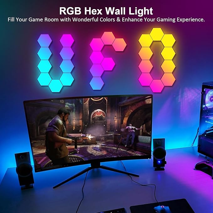 OJQ 20 Pack Hexagon Lights Wall RGB Panel - Hexagonal Led Lights Room Decor Wall Lights Birthday Decorations Gaming Equipment Honeycomb Shape Panels Hexagon Gaming Lights for Bedroom Children