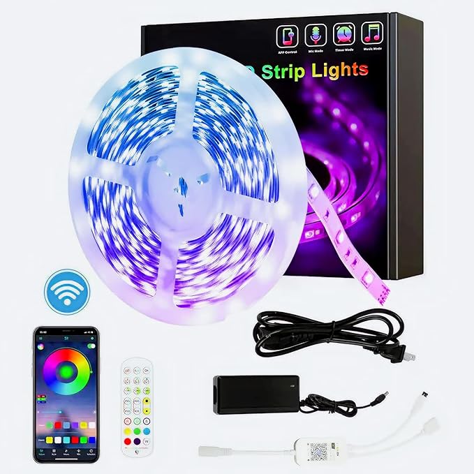 Smart Wi-Fi RGB LED Strip Lights, Music Synced, Color Changing with Remote, App Control for Bedroom Home TV Bar (16.4 FT)