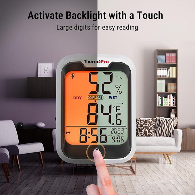 ThermoPro TP358 Bluetooth Thermometer for Room Temperature with Built-in Clock, Smart Temperature Sensor and Humidity Meter with Backlit, 260Ft Hygrometer Indoor Thermometer with Data Storage Export