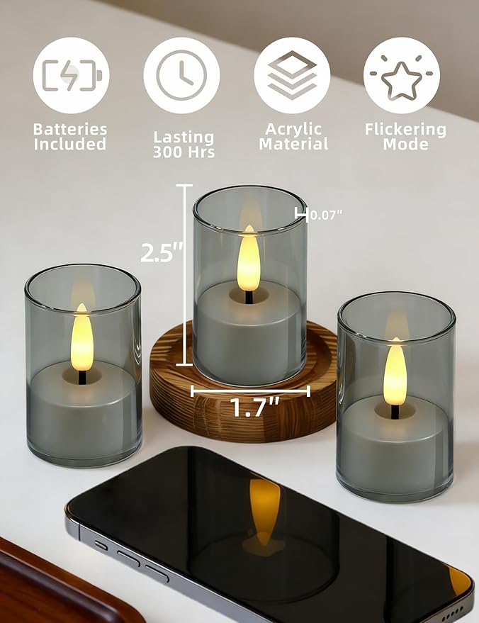Rechargeable Acrylic Flameless Candles with Remote Timer, Flickering Warm White Tealights, Ideal for Home Decor Weddings Parties, Restaurants(Gray,Set of 6)