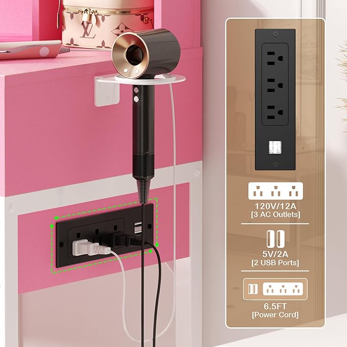 Small Vanity Desk, Vanity Desk with Mirror and Lights, Makeup Vanity Desks with Power Strip, Vanity Table with Drawers and Shelves, Adjustable Lighting, Dressing Table for Bedroom Dressing Room, Pink