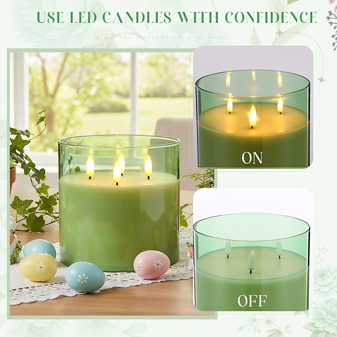 Retisee 6'' x 6'' Extra Large Flameless Candles, 3 Wick Glass Large Candles with Remote Control and Timer Function, Real Wax LED Pillar Flickering for St. Patrick's Spring Party Decor(Green,1 Pcs)