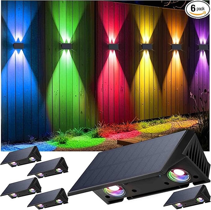 Fence Lights Solar Powered, 6-Pack Solar Fence Lights Up/Down Flexible Buttons, IP67 Waterproof for Outdoor, 100LM Bright, Auto Dusk to Dawn for Wall/Stairs/Yard/Railing/Deck/Pathway (White & RGB)