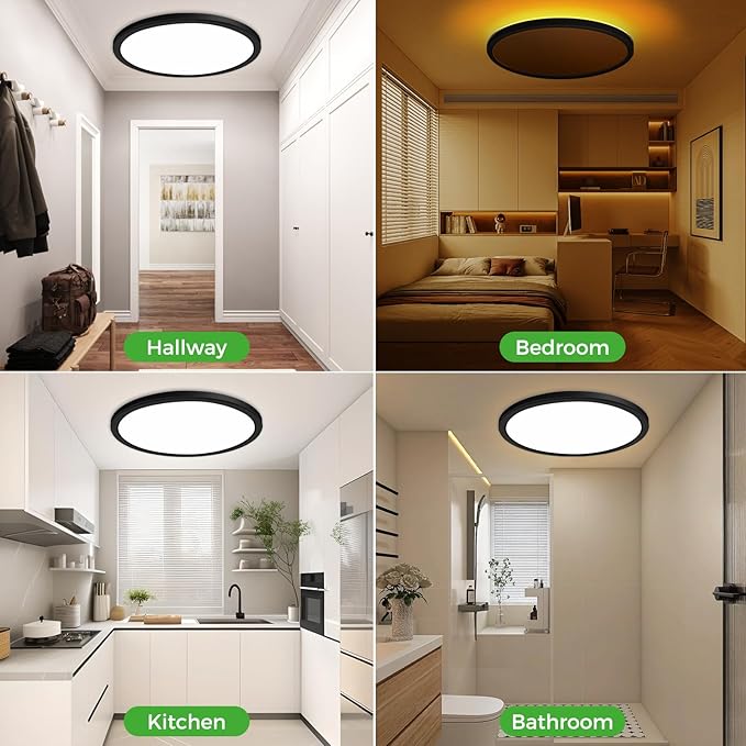 zemty 15 Inch LED Ceiling Light with Night Light 1800K, 3000K/4000K/6500K Dimmable Fixture with Remote Control, Low Profile Lighting for Bedroom Living Room Kitchen-Black