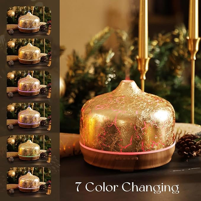 Porseme 500ml Glass Essential Oil Diffuser Aromatherapy Ultrasonic Cool Mist Humidifier 15-21 Running Hours Waterless Auto-Off Air Diffusers for Sleeping Yoga Working Spa(Gold Plated)