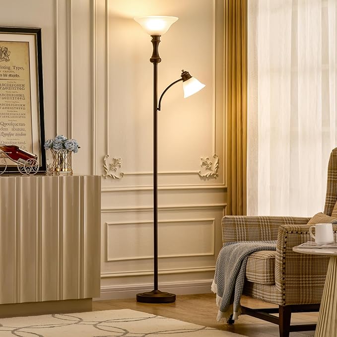 71'' Floor Lamps for Living Room, Tall Floor Lamp for Bedroom with Adjustable Angle Arc Reading lamp, Modern Torchiere Standing lamp with Glass Shade, Knob Switch, Bulb Included, Red Brown