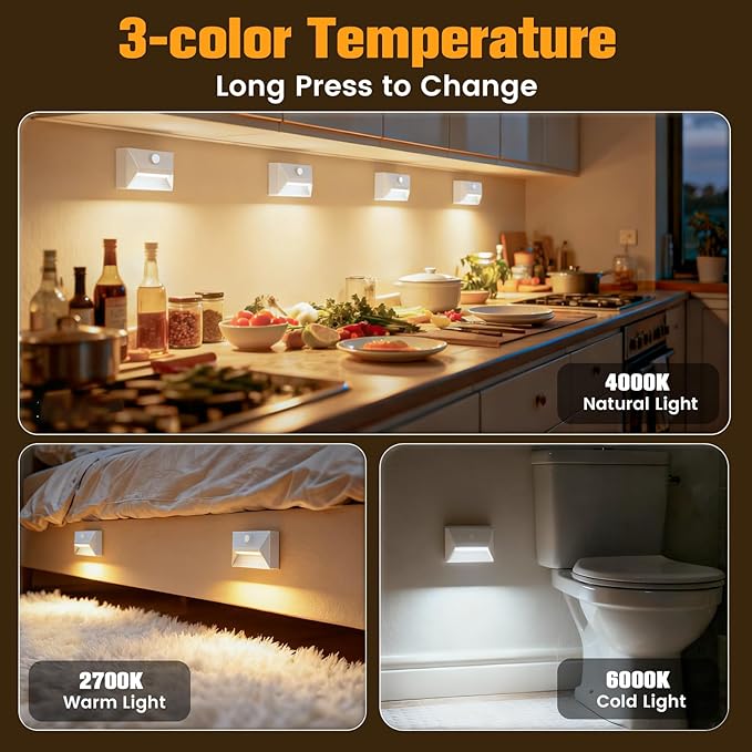 VOLISUN Motion Sensor Stair Light Rechargeable 2 Pack, Night Lights 3 Modes & 3 Color Temperatures, Magnetic Rechargeable Stick-On Lights for Stairs, Hallway, Cabinet(White)