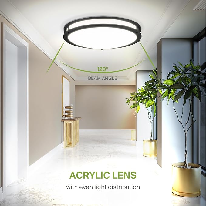 ASD LED 18" Round Flush Mount Lighting, Close to Ceiling Light Fixture | 3CCT, Dimmable, Energy Star, ETL Listed | 28W 2230LM 3000-5000K 120V | Low Profile Double Ring Lamp | Black