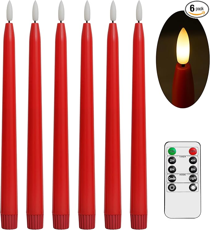 Red Flameless Taper Candles with Remote Control - 11 Inch LED Candlesticks Battery Operated, Realistic 3D Flame with Wick, Timer, Christmas Decor - Set of 6