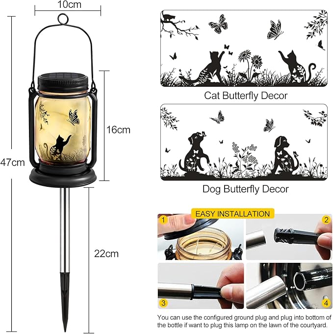 Solar Dog Butterfly Lanterns Outdoor Waterproof - Dog Lover Gifts for Women Mom Grandmom Birthday Mothers Day, LED Hanging Mason Jar Fairy Lights for Garden Yard Patio Decor