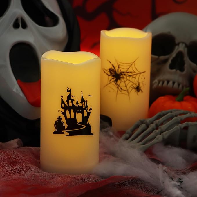 CANDLE CHOICE Outdoor Battery Operated Flameless Pillar Candles with Auto Daily Timer Waterproof Realistic Flickering Electric LED Lights with Spider Castle Decals Halloween Decorations 3”X6” 2 Pack