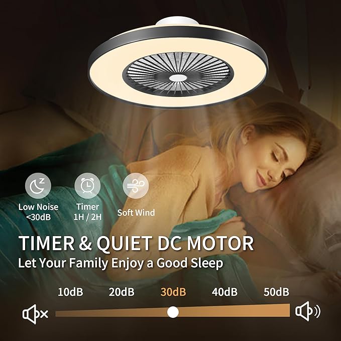 24" RGB Low Profile Ceiling Fan with Light, Smart Bladeless Ceiling Fan with APP/Alexa/Remote Control, 6-Speed Silent Reversible DC Motor, Dimmable Color Changing LED, Black