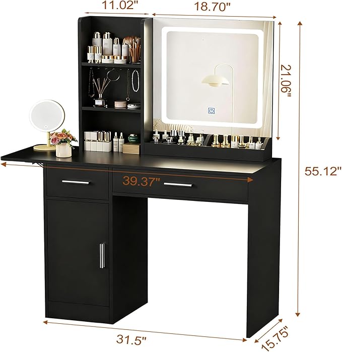 Vanity Desk with Mirror and Lights, 39.37" 4 Drawers Makeup Desk Without Stool, Extra Foldable Desk with 3 Open Shelves Make Up Table for Girls and Ladies Bedroom, Black