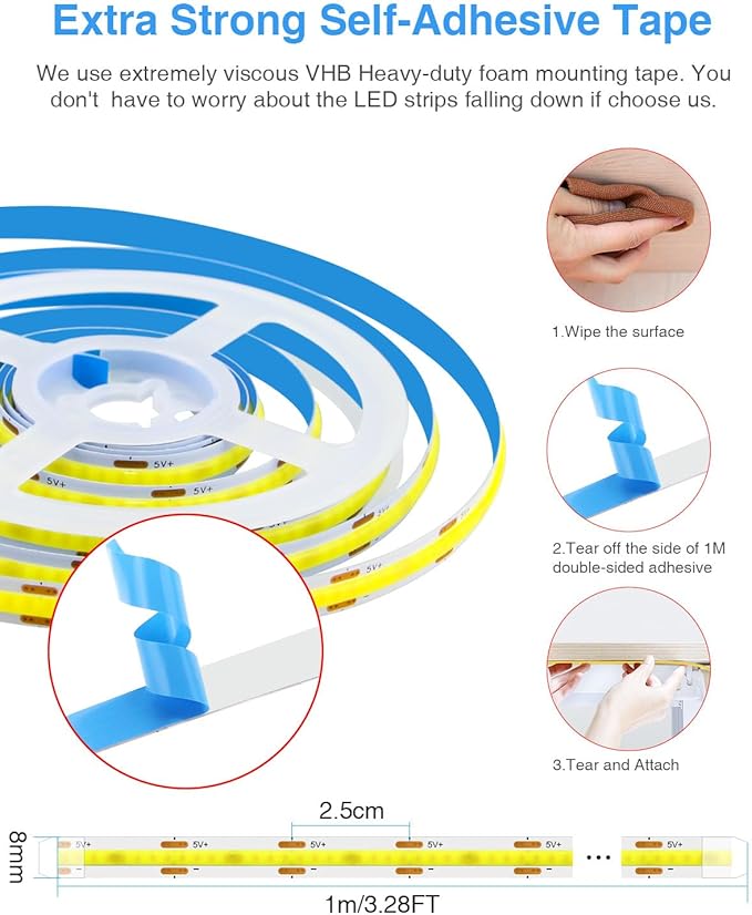 Aclorol COB LED Strip Lights 5V Cold White 6000K 3FT LED Light Strip High Density and Bright Under Cabinet Tape Light for Bedroom Bedframe Kitchen Sideboard Lighting Project 320LEDs/M (2 Pack)
