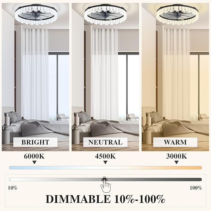 Ceiling Fans with Lights and Remote Fandelier - Black Crystal 20'' Flush Mount Low Profile Modern Ceiling Fans for Bedroom - Stepless Color Temperature and 6 Speeds