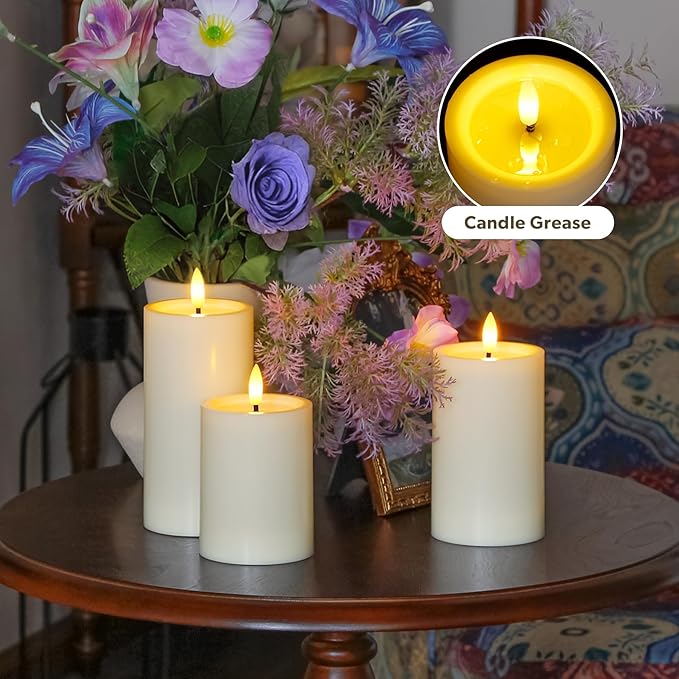 Outdoor 6pcs Flameless Waterproof Candles with Handy Remote Control, Cycle Timer Battery Operated Candle Grease Effect LED Flickering Pillar Plastic Long Lasting (Ivory, 3" x4" 5" 5" 6" 6" 7")