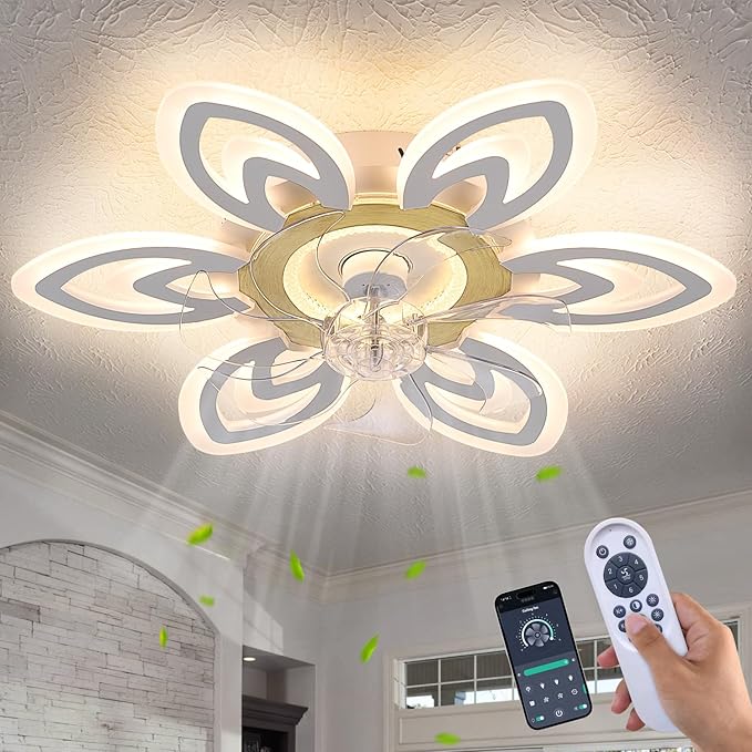 Snowflake Modern Ceiling Fan with Light and Remote, Low Profile Ceiling Fans with remote, 26 Inch Flush Mount Ceiling Fan with 3 Light Color 6 Speeds, Fandelier Ceiling Fan for Kitchen Bedroom-White