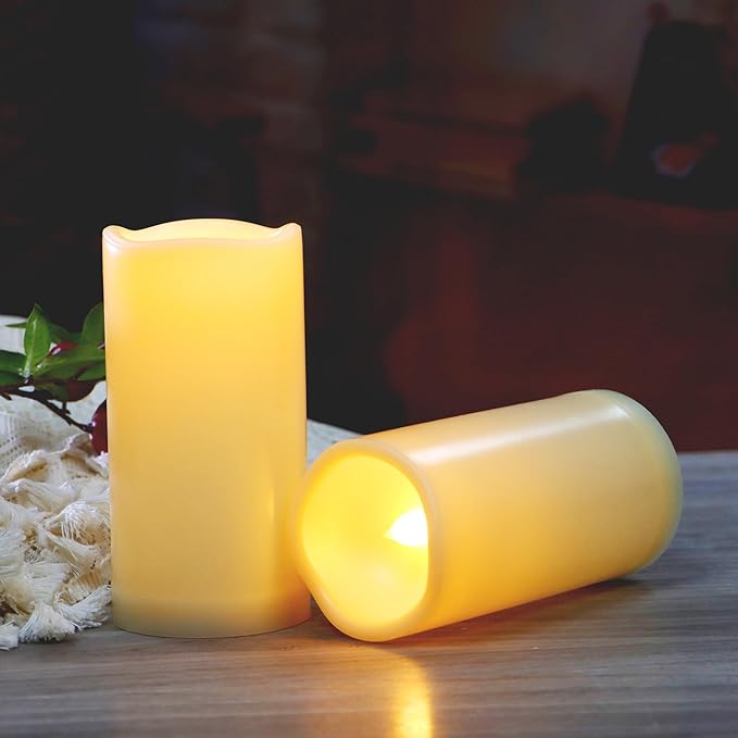 Waterproof Outdoor Battery Operated Flameless Candles with Auto Timer Flickering Plastic Resin Electric LED Pillar Lights for Lantern Patio Garden Wedding Party Decorations 3x6 Inches 2 Pack White