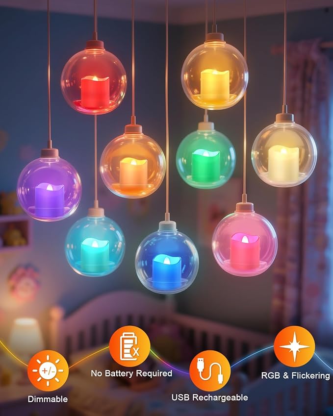 SoulBay Flameless Candles Color Changing Rechargeable, 12pcs LED Flickering Tea Lights Votives Candle with Charging Base & Remote Timer for Room Table Party Halloween Decorations, Multicolor, 1.57"