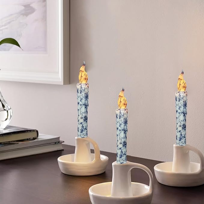 Blue and White Porcelain Flameless Short Taper Candles, Drip LED Battery Operated with Remote, Flickering Flame Lights for Home Décor, 6.7 Inch Primitive Flameless Print Candles, 4PCS