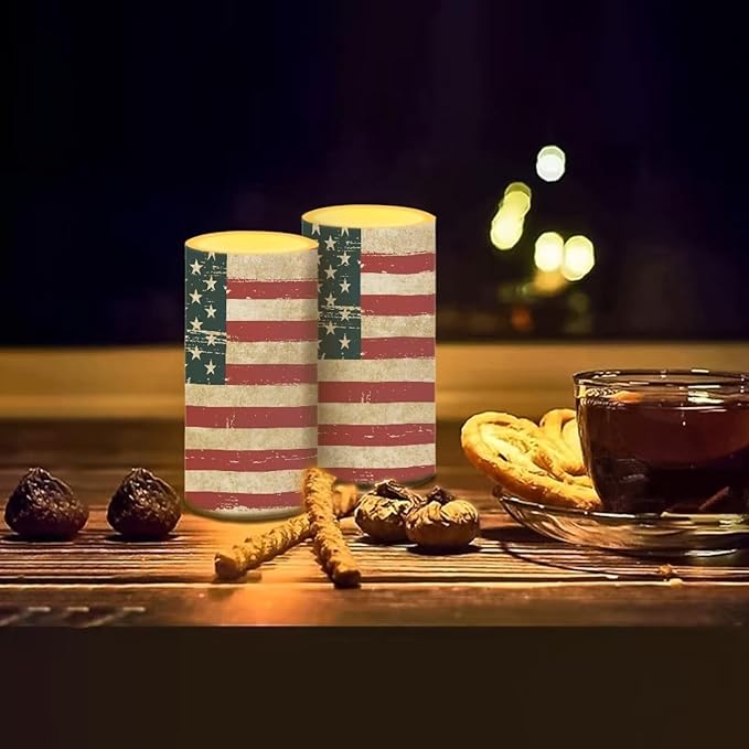 American Flag Flameless Candles 2 Pack 6 x 3 inch Battery Operated Candles with Multicolor Timer Remote Control LED Fake Candles for Warm Light Dinner Table Home Decor Gifts for Veterans