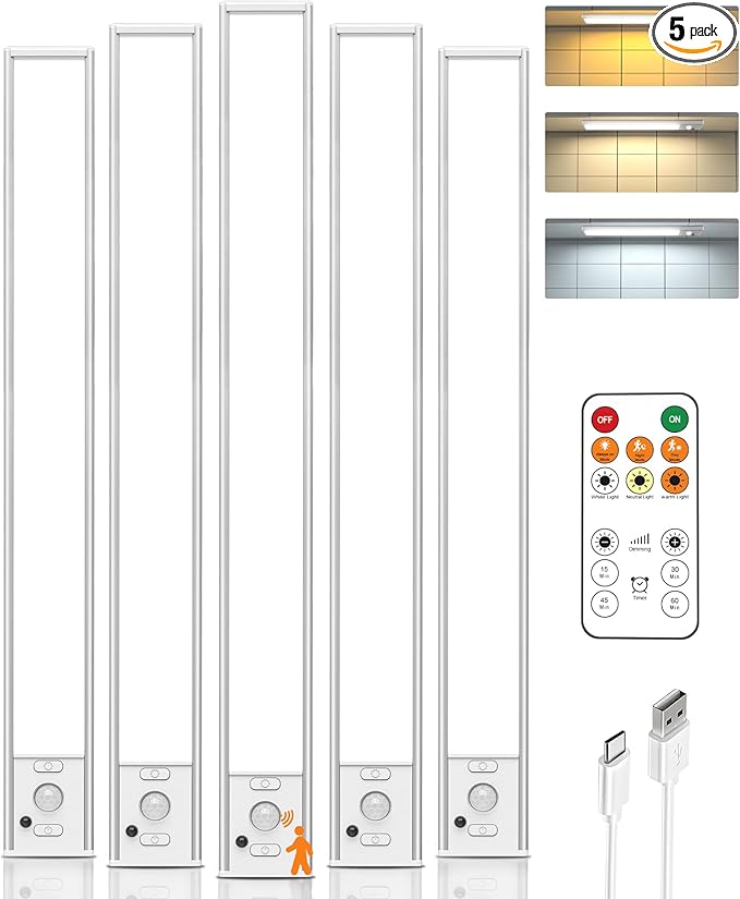 16in Under Cabinet Lighting with Remote, LED Motion Sensor Light Indoor, Rechargeable Closet Lights Wireless, Dimmable, 3 Color Temps, Magnetic Under Counter Lights for Kitchen, Pantry, Stair, 5 Pack