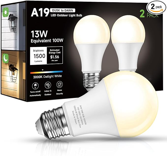 Dusk to Dawn Sensor LED Outdoor Light Bulb, Warm White 3000K, A19 13W(100 Watt Equivalent) Bright Porch Lighting, 1200LM, Auto-On/Off Photocell Sensor for Garage Yard Patio Garden- 2 Pack