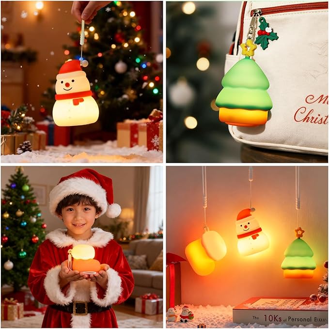 Christmas Night Light Set of 3,Rechargeable Dimmable Christmas Snowman Night Lamp,Cute Christmas Tree Decor Nightlight for Nursery Kids Hangable Squishy Silicone Boot Lights Gifts Holiday Decor