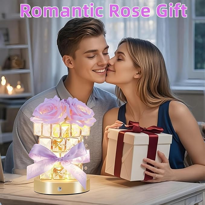 Rose Flower Lamp,Rechargeable Cordless Touch Table Lamp for Bedroom,3-Colour Dimming Flowers Night Light,Crystal Bedside Lamps with USB Charge,Birthday Valentine's Day Gifts for Women,Mom,Wife,Her