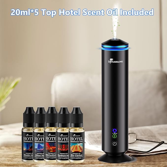 Diffuserlove Full Metal Body Waterless Scent Diffuser with 5 Hotel Scent Oils Hotel Collection Diffuser Waterless Aromatherapy Essential Oil Diffuser UP to 1000 Sq Ft Coverage for Home Office