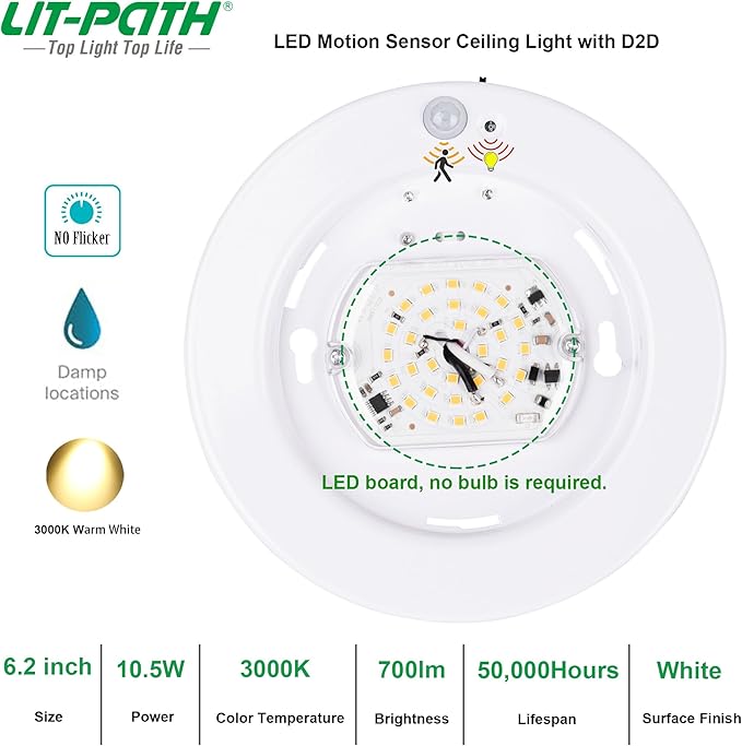 LIT-PaTH LED Flush Mount Ceiling Light, Closet Lighting Fixture with Motion Sensor and Dusk to Dawn, 10.5W, 800 Lumen, 6.2 Inch, Anti-Rust Galvanized Housing, White Finish 3000K 4-Pack