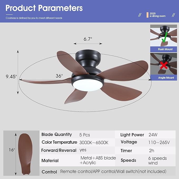 36 Inch Modern Ceiling Fans with Lights, Small Flush Mount Ceiling Fan with Light and Remote/APP Control, 5 Reversible 6 Speeds Curved Blades, 3 CCT Dimmable Lights for Kids Room, Brown