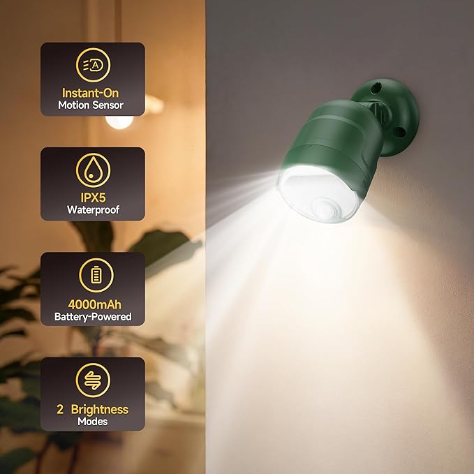 Wireless LED Spotlight, Battery Operated Motion Sensor Outdoor Light - 4000mAh Rechargeable 2-Mode IPX5 Waterproof 600LM Light for Porch, Garage, Hallway, Wardrobe (Green)