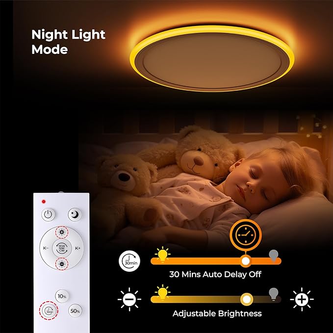 BLNAN 2Pack LED Flush Mount Ceiling Light Fixture with Night Light, 13inch 24W 2400LM 3000K/4000K/6500K Selectable, Dimmable LED Ceiling Lights for Bedroom, Dining Room, Kitchen, Round White