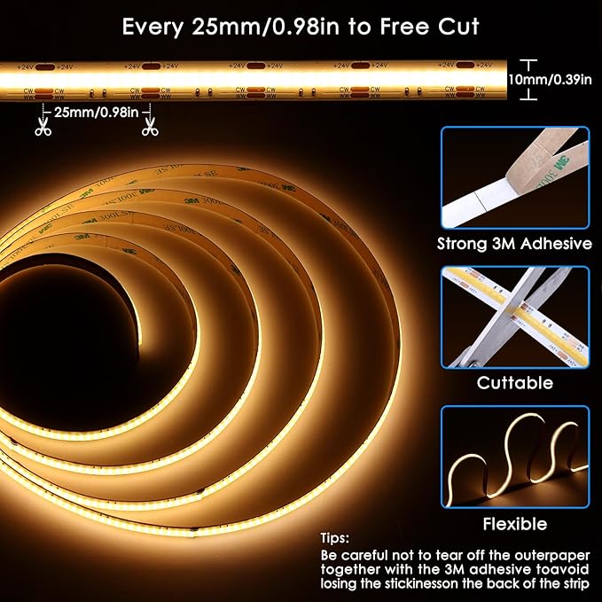 CCT COB Smart LED Strip - 32.8ft/10m Tunable White 2700K-6500K 24V Dimmable Strip Light with Remote 6400LEDs CRI90+ Compatible with Alexa/Google Assistant Cuttable Tape Light for DIY Indoor Lighting