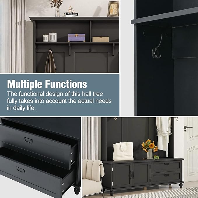 Widen Hall Tree with Bench and Shoe Storage, Modern Entryway Bench with Coat Rack, Cabinet, 2 Drawers and Shelves, Mudroom Bench with Storage and 5 Hooks for Entry Way, Hallway (Black)