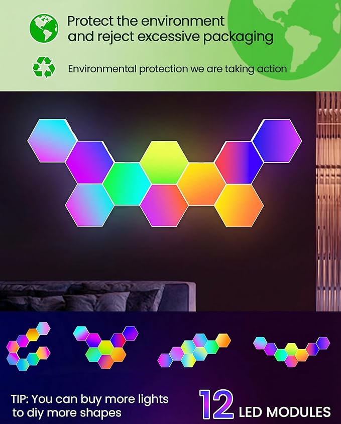 Hexagon LED Lights Panels – Smart RGB Wall Lights with APP/Remote & Music Sync, DIY Modular & Gaming Room Decor, Wall LED Panels Lights for Bedroom (12-Pack)