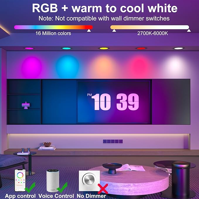 Black 5/6inch Color Changing LED Can Lights,4Packs Retrofit LED Recessed Lighting,13W 1050LM Smart Recessed can Light,Compatible with Alexa,Bluetooth APP Control,for Bedroom Kitchen Livingroom
