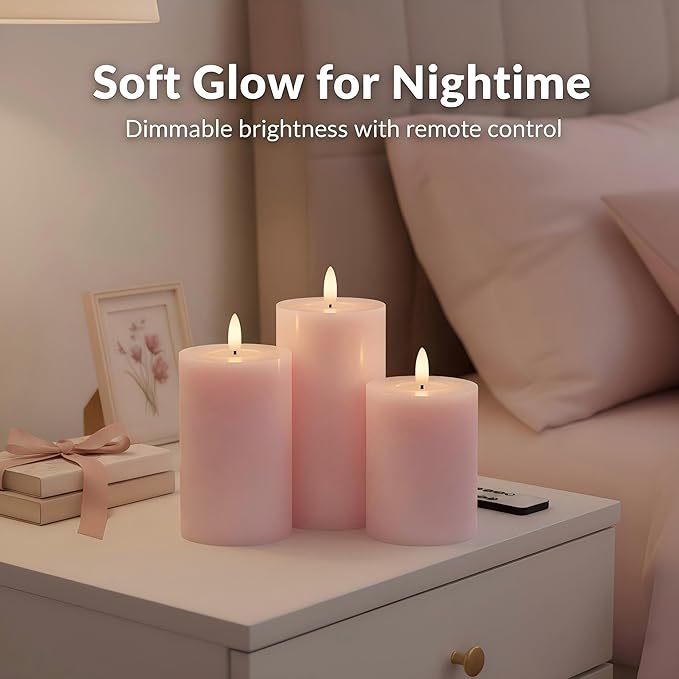 Pink Flameless Candles with Remote and Timer, Real Wax LED Pillar Candles for Living Room Decor, Battery Operated Fake Candles for Bedroom Bathroom Shelf Wedding Home Decor Valentines Day Decorations