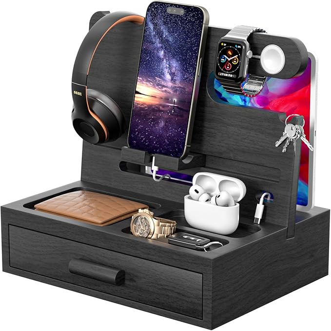 melafa365 Nightstand Organizer for Men,Phone Docking Station with Cable Management,Night Stand with Drawer,Bedside Organizer for Watches,Keys,Wallets,Gifts for Men（Black）