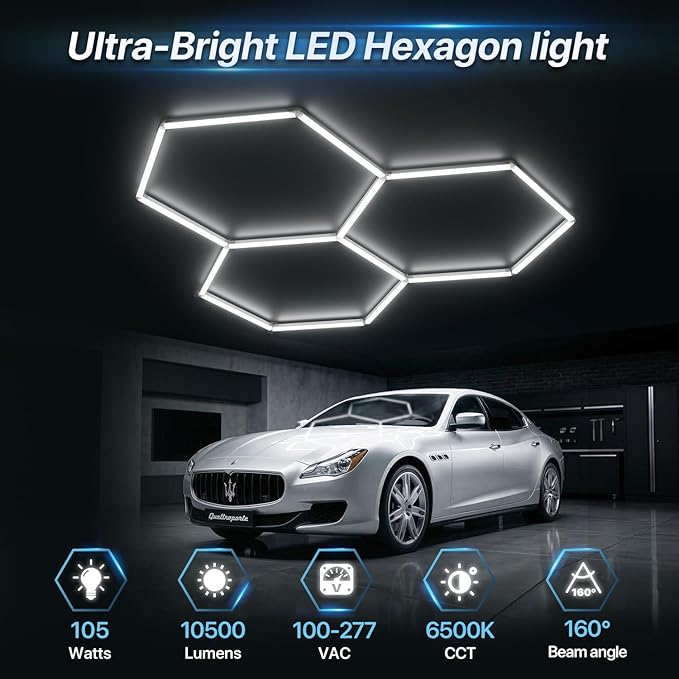 HYPERLITE Gen 2 Hexagon LED Lights: 105W 10500LM 3 Grids DIY Hexagon Led Lights, 6500K Ultra Bright, Easy Install, Durable Design for Garage, Car Detailing, Workshops, Basement, Gym