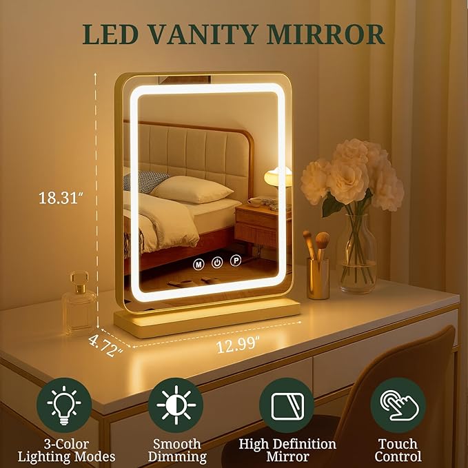 Vanity Mirror with Lights, LED Makeup Mirror with 3-Color Dimmable Lighting, Smart Touch Control, Memory Function, Tabletop Lighted Mirror for Bedroom, Dressing Room