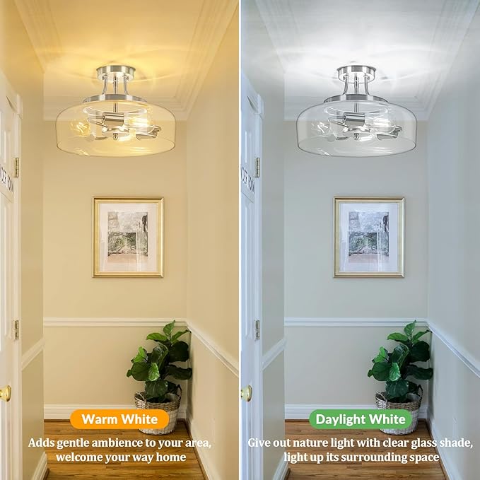 3-Light Semi Flush Mount Light Fixture, Modern Industrial Glass Ceiling Light with E26 Base, Metal Semi Flush Ceiling Light for Living Room Kitchen Bedroom Hallway Balcony, No Bulbs, Brushed Nickel