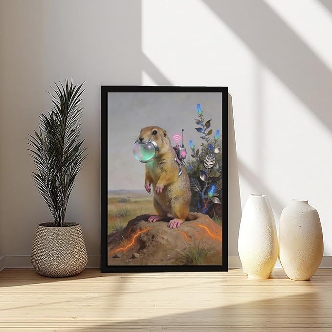 Framed Steampunk Mechanical Prairie Dog Wall Art - Retro-Futuristic Wilderness Poster for Living Room Game Room Decor 16x24in